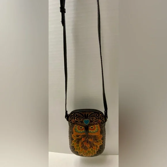 Blue Heart Owl Cross-body Purse Hand tooled Leather Multicolored - Picture 13 of 16
